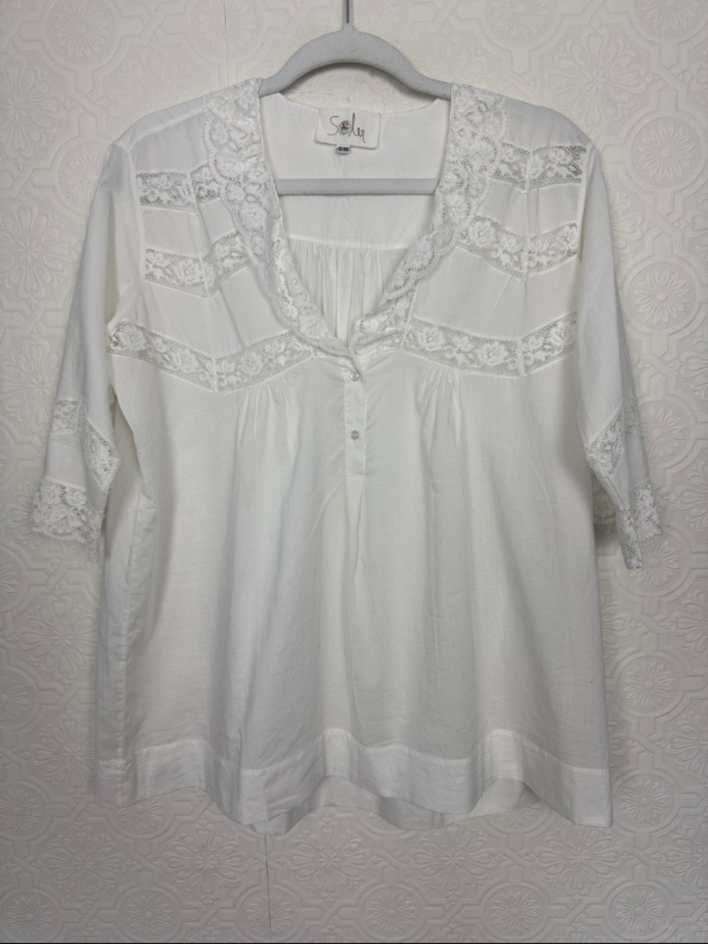 Soler White Lace Trim Blouse Boho Cotton Top Size Small Medium Cottagecore